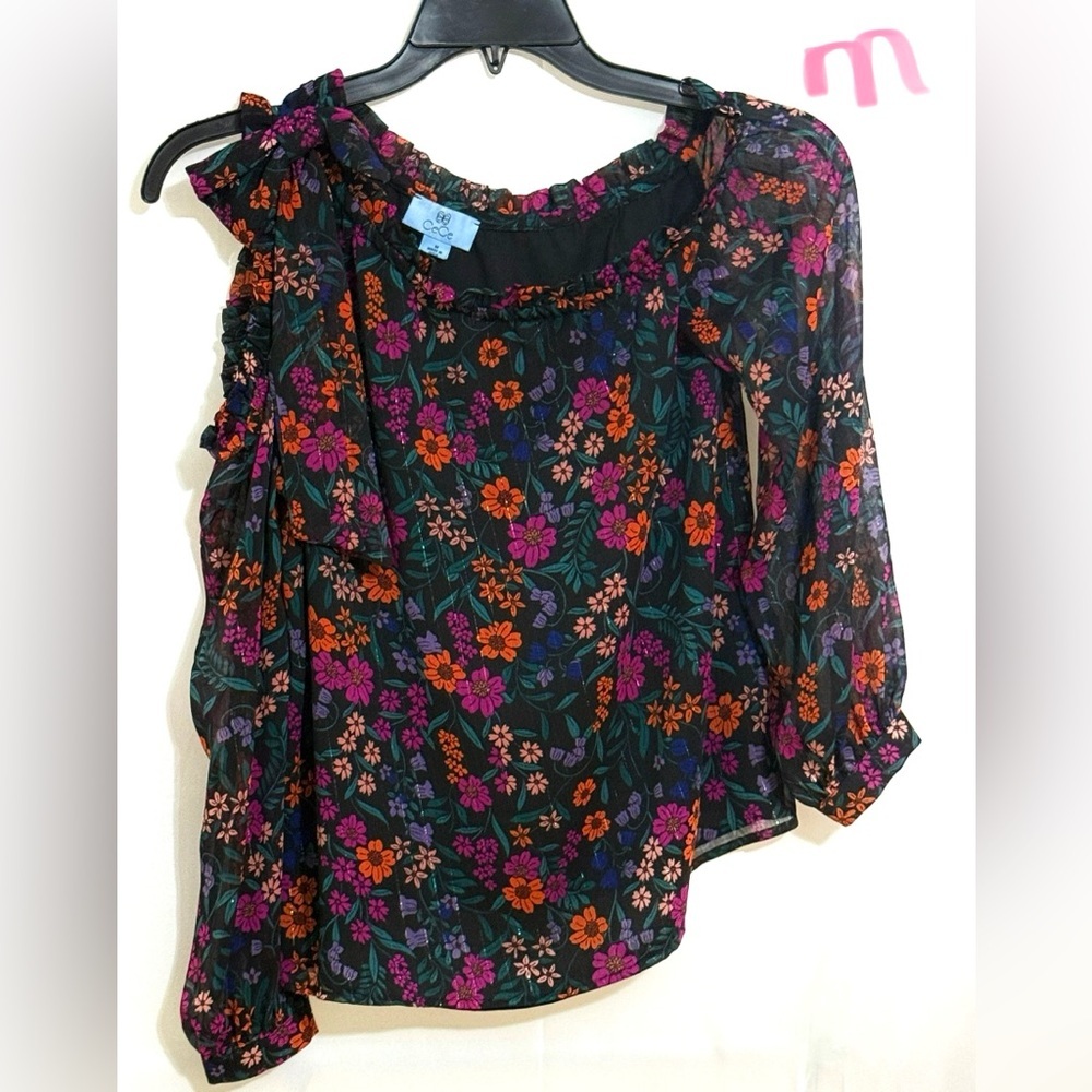 CeCe Black Asymmetrical Ruffled Blouse with 3/4 Sleeve